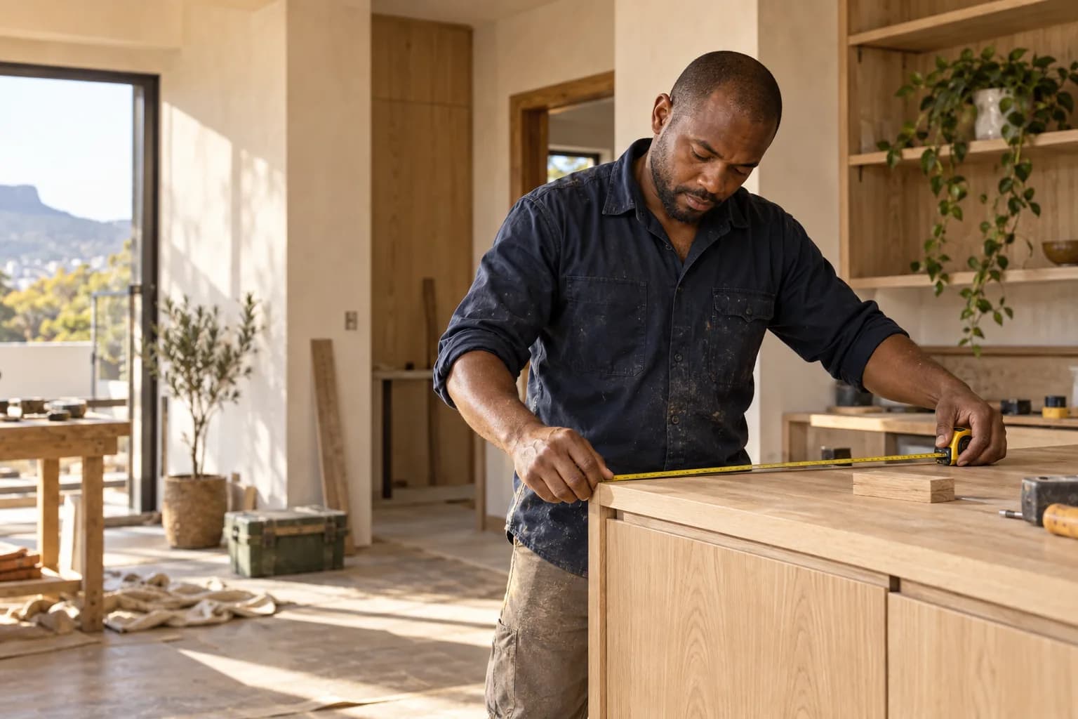 A carpenter carefully measuring timber cabinetry in a sunlit workshop